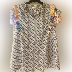 ENTRO Blouse with beautiful multicolored ruffle sleeves. Worn once-like new